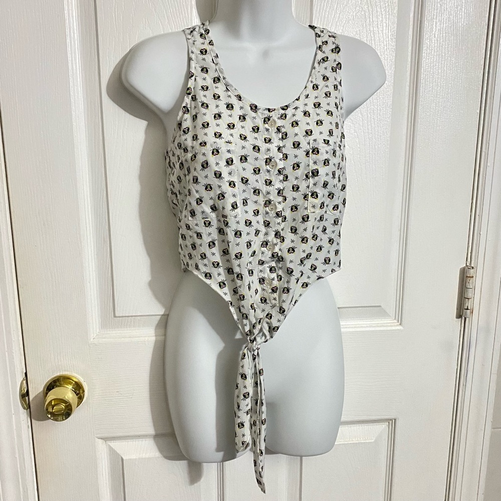 Ditsy Owl Print- Self Tie- Sleeveless- Button-Down Racerback Blouse-S
